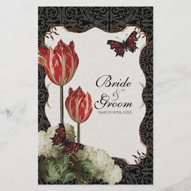 Dinner Menu Card - Black n Cream Red Tulip Damask (Vorderseite)
