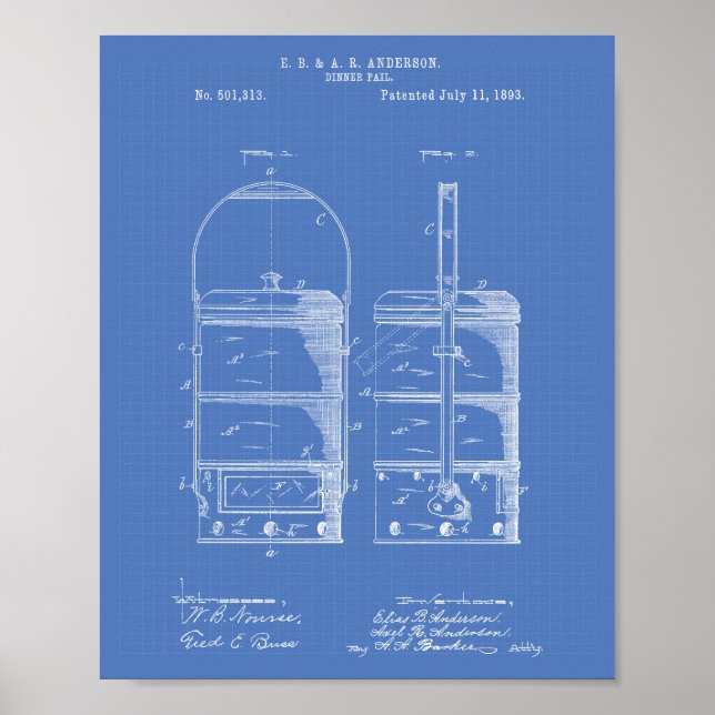 Dinner Pail 1893 Patent Art Blueprint Poster (Vorne)