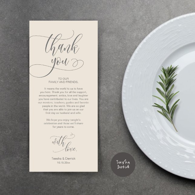 Dinner Place Setting Vielen Dank, Moderne Script C Programm (Wedding Dinner Place Setting Thank You Card, Plate Decoration, Modern Script, in Dark Grey Cream)