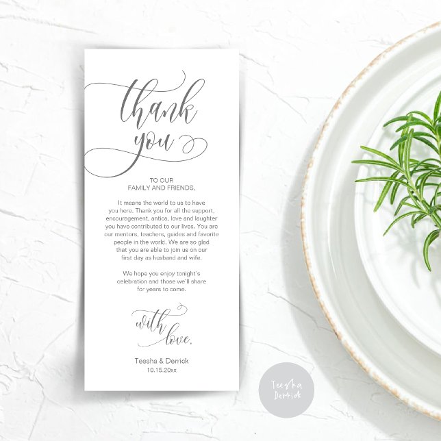 Dinner Place Setting Vielen Dank, Moderne Script C Programm (Wedding Dinner Place Setting Thank You Card, Plate Decoration, Modern Script, in Dark Grey)