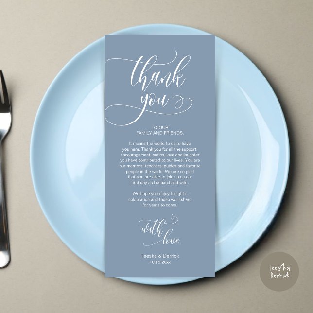 Dinner Place Setting Vielen Dank, Moderne Script C Programm (Wedding Dinner Place Setting Thank You Card, Plate Decoration, Modern Script, in Dusty Blue)