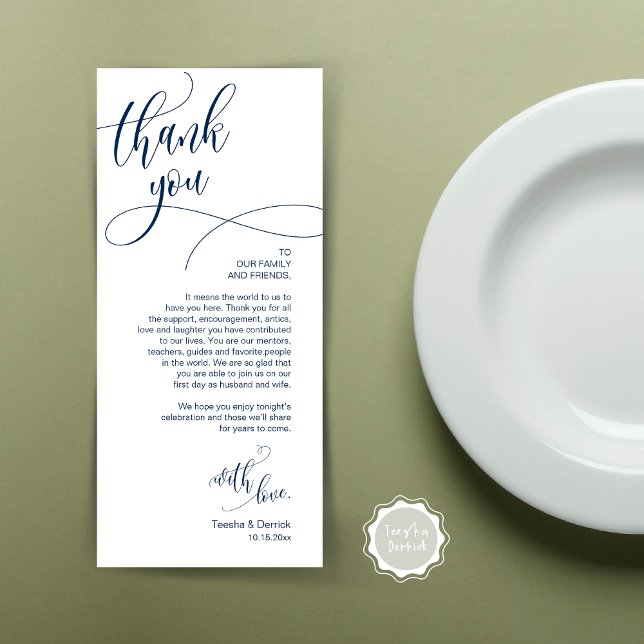 Dinner Place Setting Vielen Dank, Moderne Script C Programm (Wedding Dinner Place Setting Thank You Card, Plate Decor, Modern Calligraphy, in Navy Blue)