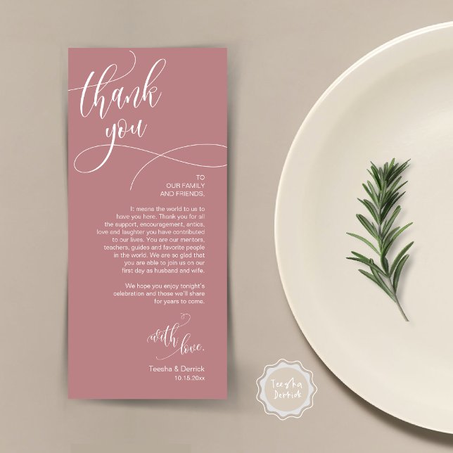 Dinner Place Setting Vielen Dank, Moderne Script C Programm (Wedding Dinner Place Setting Thank You Card, Plate Decor, Modern Calligraphy, in Dusty Rose Pink)