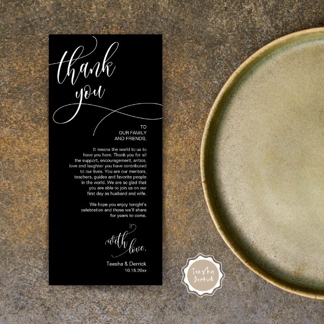 Dinner Place Setting Vielen Dank, Moderne Script C Programm (Wedding Dinner Place Setting Thank You Card, Plate Decor, Modern Calligraphy, in Elegant Black)