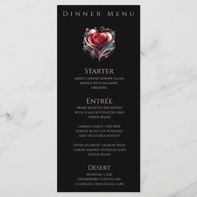 Dinner und Bar Menu Moderne Herz geformt Rose Menükarte (Vorderseite)