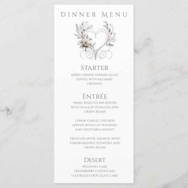 Dinner und Bar Menu-White-Blume mit Herz Menükarte (Vorderseite)
