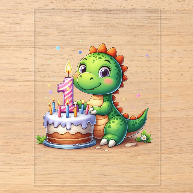 Dino 1. Geburtstag Acryleinladungen (Vorderseite)