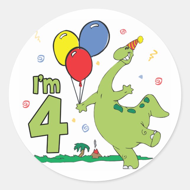 Dino 4. Geburtstag Runder Aufkleber (Vorderseite)