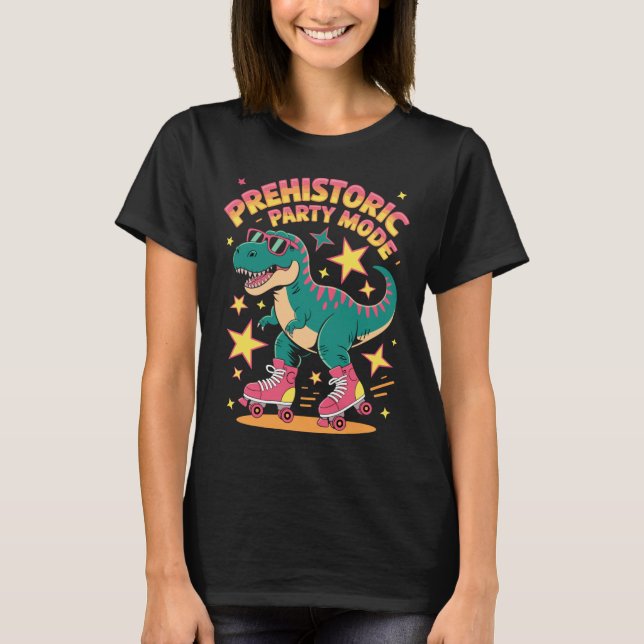Dino auf Rollschuhen im Urzeit-Party-Modus T-Shirt (Vorderseite)