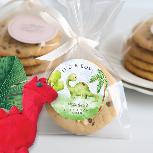 Dino Delight Baby Dusche Es ist ein Boy Classic Ro Runder Aufkleber (Von Creator hochgeladen)