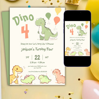 Dino Four Balloon 4. Geburtstags-Party Einladung