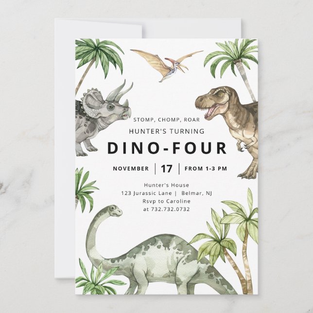 Dino-Four Dinosaur Geburtstagseinladung Einladung (Vorderseite)