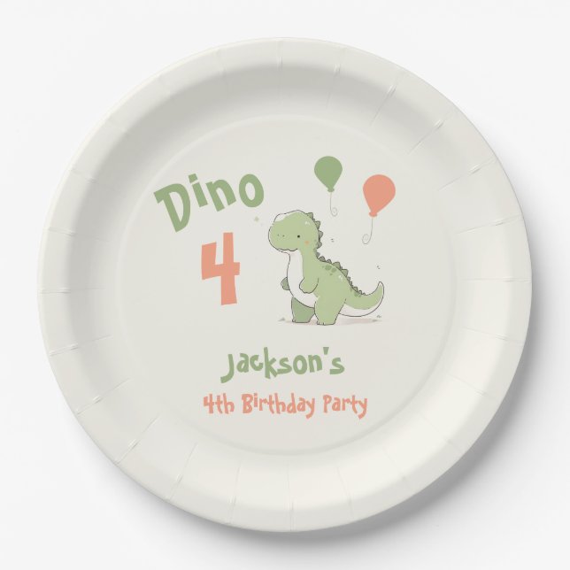 Dino Four Dinosaurier 4. Geburtstags-Party Pappteller (Vorderseite)