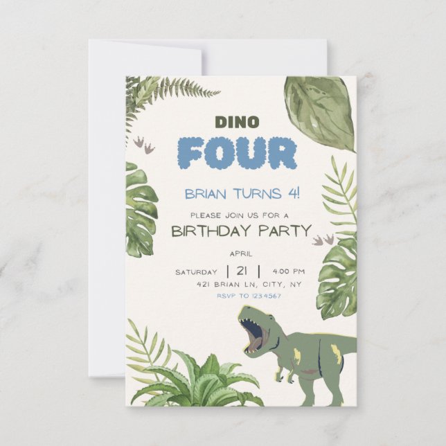 Dino-Four-Kindergeburtstag-Party Einladung (Vorderseite)