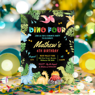 Dino Four T-Rex Dinosaur 4. Geburtstags-Party Einladung
