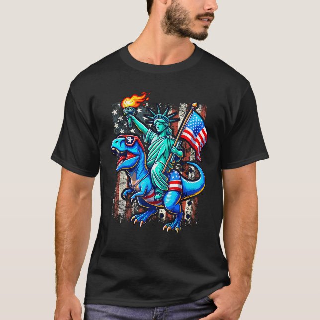Dino Freiheitsstatue 4. Juli Amerikaner T-Shirt (Vorderseite)