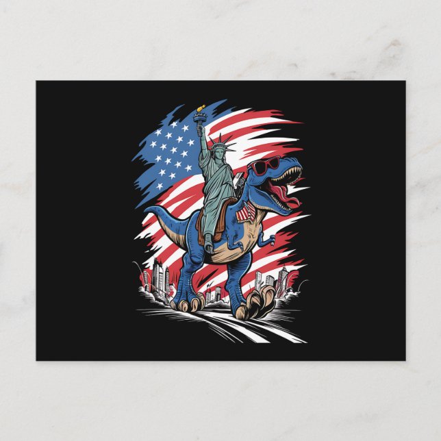 Dino Freiheitsstatue 4. Juli Amerikanische Flagge Postkarte (Vorderseite)