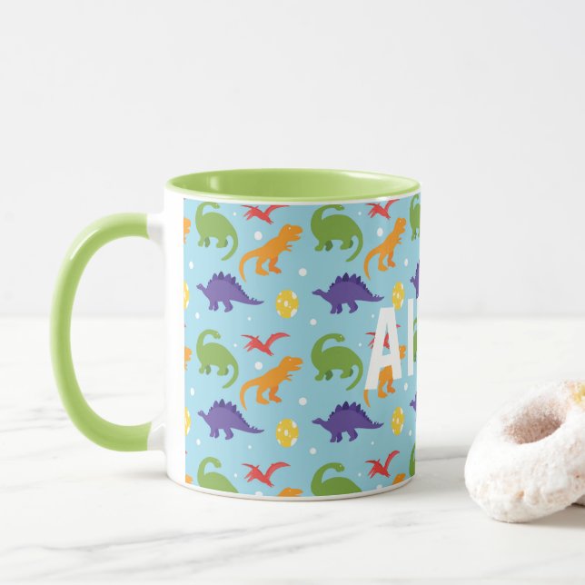 Dino Fun Kids Red Orange Green Lila Name Tasse (Mit Donut)