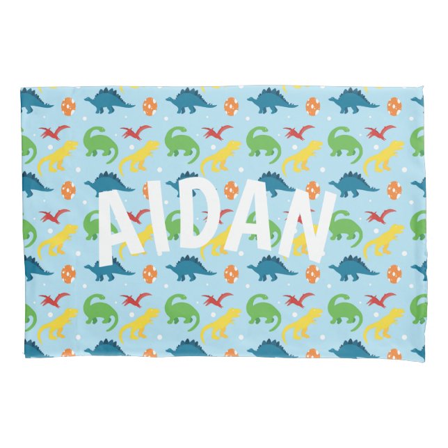 Dino Fun Red Yellow Green Blue Name Pillowcase Kissenbezug (Vorderseite)