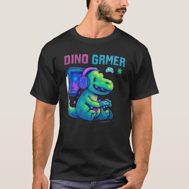 Dino Gamer - Retro Pixel Neon Style T-Shirt (Vorderseite)