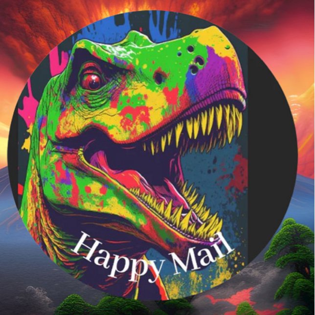 Dino Happy T-Rex Happy Mail Runder Aufkleber (Bring your dream party to life with our selection of quality Dinosaur themed party supplies )