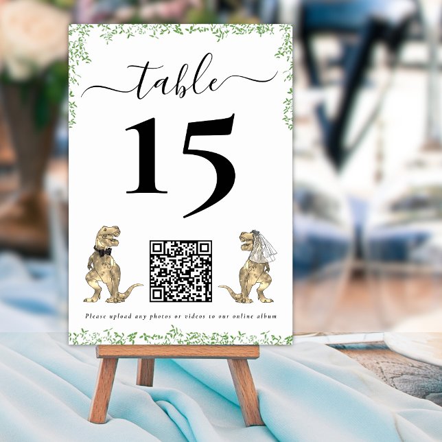 Dino Hochzeit QR-Code Tischnummer (Dinosaur wedding qr code table number card T-Rex bride & groom dino watercolor eucalyptus foliage)