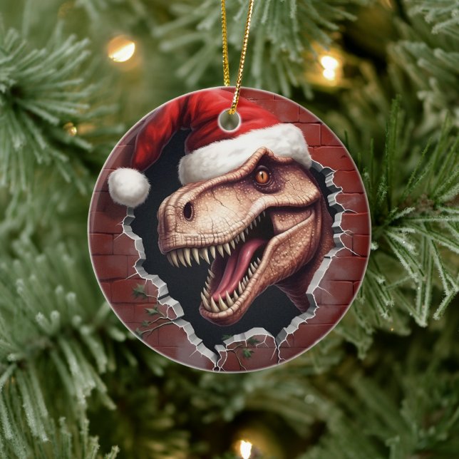Dino in Weihnachtsmannmütze - 3D Keramik Ornament (Baum)