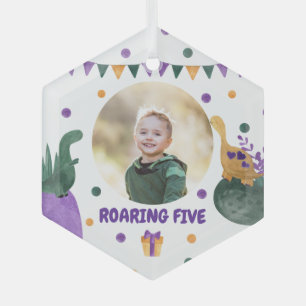 Dino Kid Party Roaring Green Lila Custom Foto Ornament Aus Glas