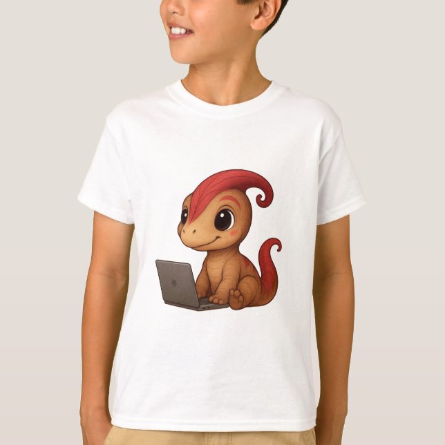 Dino Kids Shirt – Dino Kammli am Laptop (Vorderseite)
