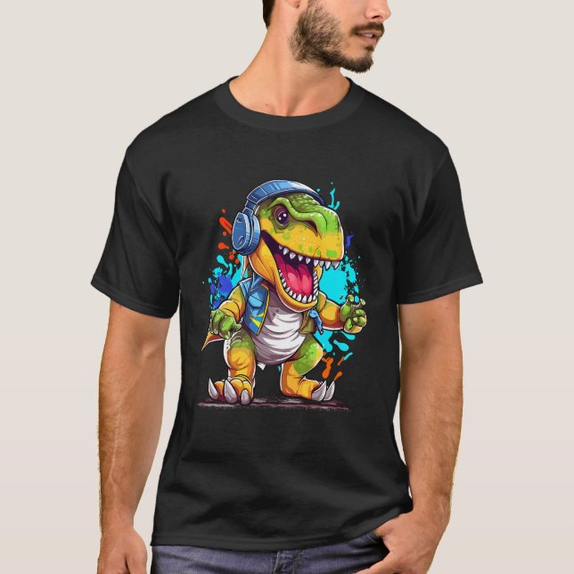 Dino Kopfhörer Ästhetik T Rex Dinosaur Dj Music T-Shirt (Vorderseite)