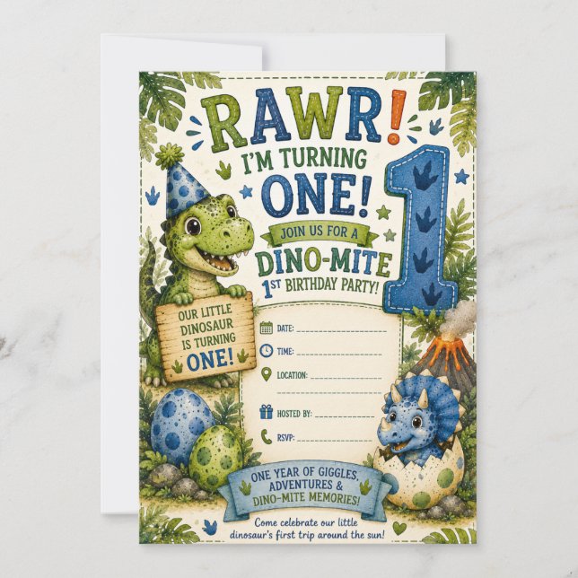Dino-Mite Einladung zum 1. Geburtstag (Vorderseite)
