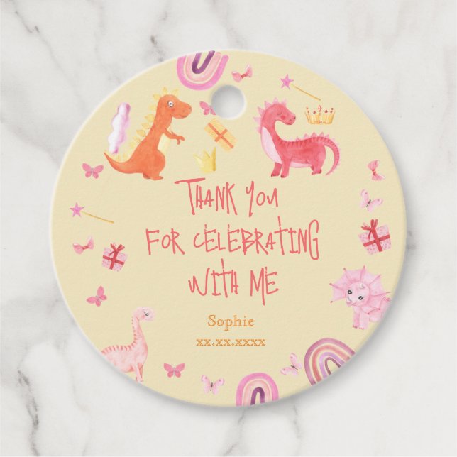 Dino-mite Rosa-Dino Geburtstag vielen Dank Geschenkanhänger (Vorderseite)