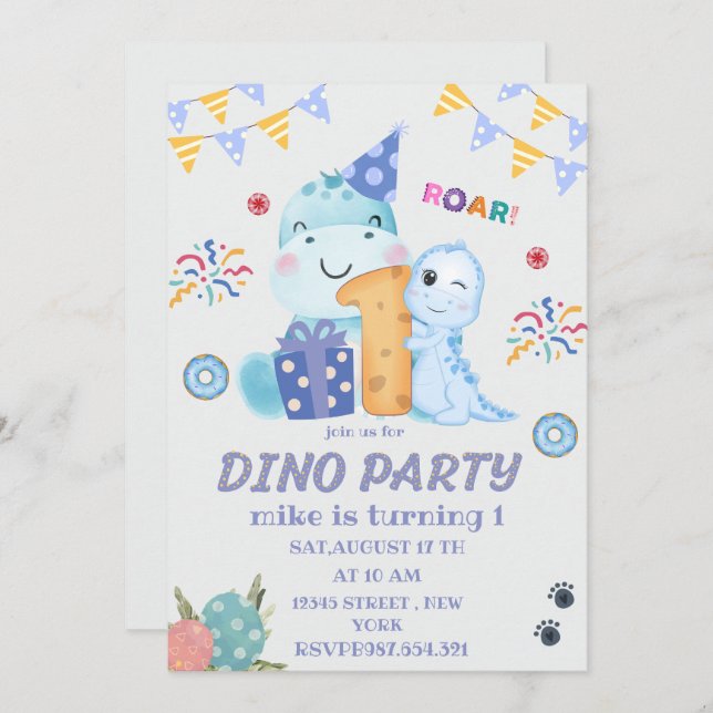 Dino Party erster Geburtstag niedlichen Dinosaurie Einladung (Vorne/Hinten)