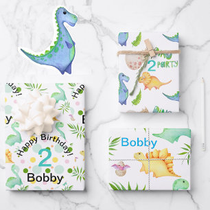 Dino Party Niedlich Dinosaur Geburtstag Name & Alt Geschenkpapier Set
