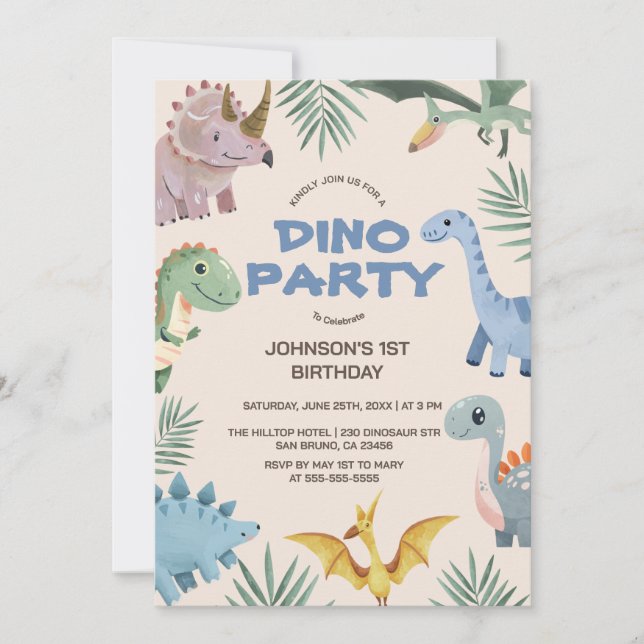 Dino Party | Niedliche Dinosaurier Erster Geburtst Einladung (Vorderseite)