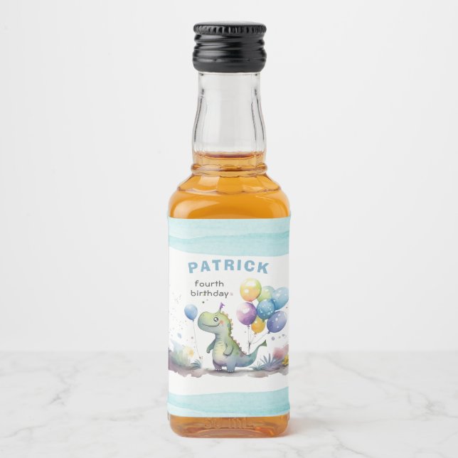 Dino Party Watercolor Boy Blue Birthday Alkoholflaschenetikett (Vorderseite)