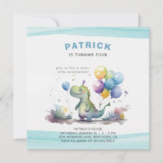 Dino Party Watercolor Boy Blue Birthday Einladung
