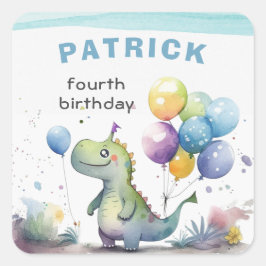 Dino Party Watercolor Boy Blue Birthday Quadratischer Aufkleber