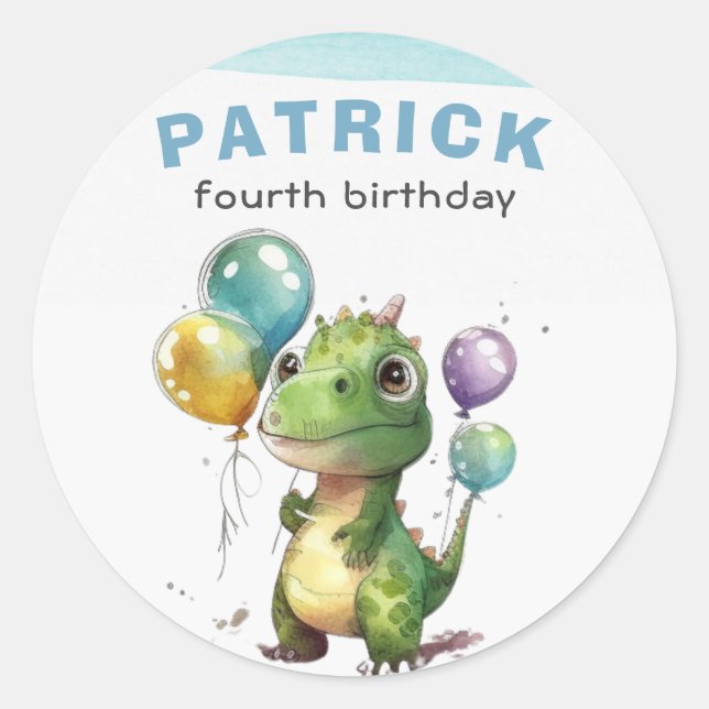 Dino Party Watercolor Boy Blue Birthday Runder Aufkleber (Vorderseite)