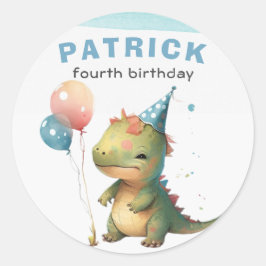 Dino Party Watercolor Boy Blue Birthday Runder Aufkleber