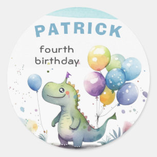 Dino Party Watercolor Boy Blue Birthday Runder Aufkleber