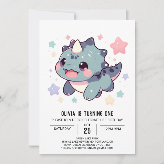 Dino Pastel Dinosaur 1. Geburtstag Einladung (Vorderseite)