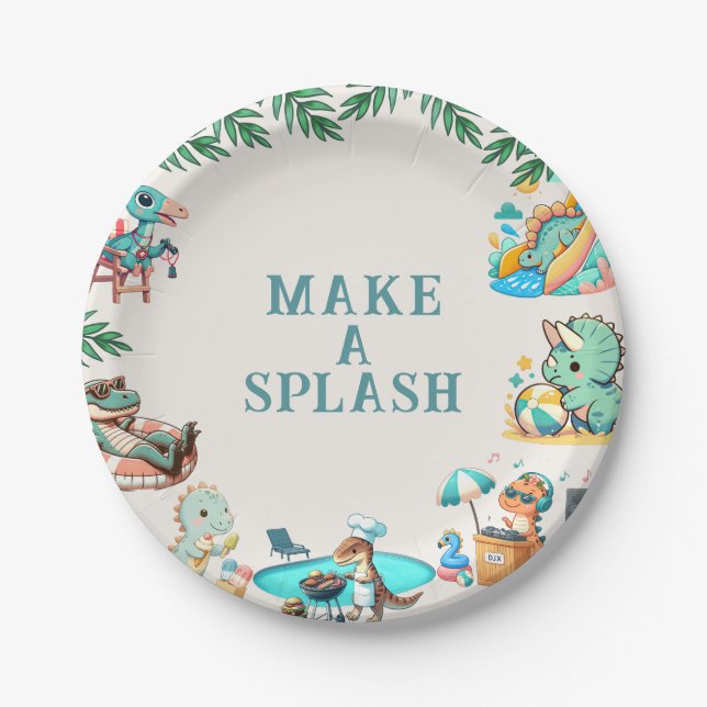 Dino Pool Party Geburtstag Pappteller (Vorderseite)