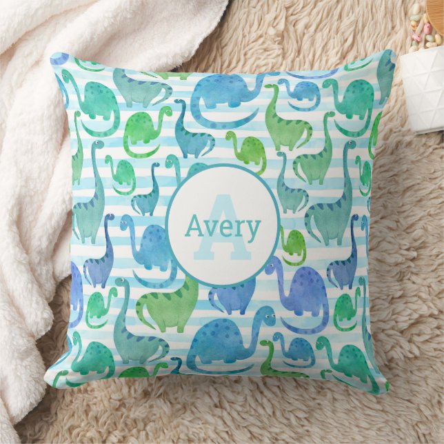 Dino Stripe Wasserfarbe Dinosaurier Personalisiert Kissen (Decke)