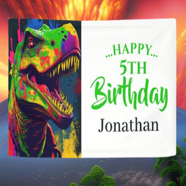 Dino T- Rex Birthday White Banner (Celebrate an amazing party with our Dinosaur party supplies.)