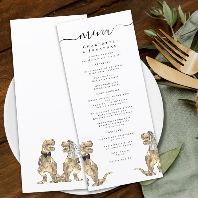 Dino-Themen-Hochzeitsmenü Menükarte (Dinosaur theme wedding menu funny T-Rex bride and groom dino elegant modern script)