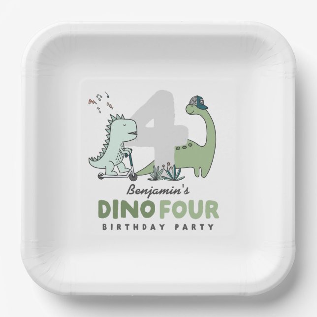 Dino-Vier-Geburtstagspapierplatten Pappteller (Vorderseite)