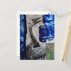 Dino-Vogel Blaue Farbe Mixed Media Collage Postkarte