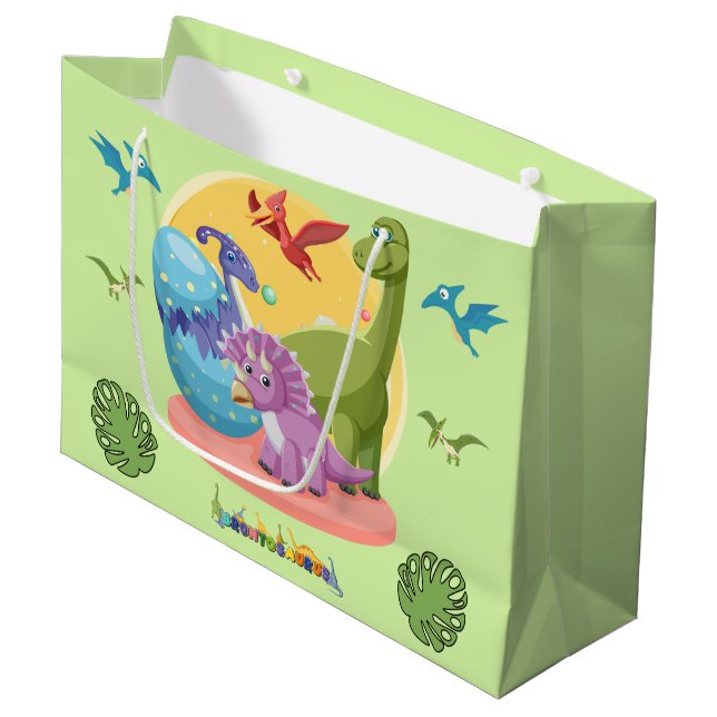 Dino-Welt-Illustration Große Geschenktüte (Vorderseite Schrägansicht)