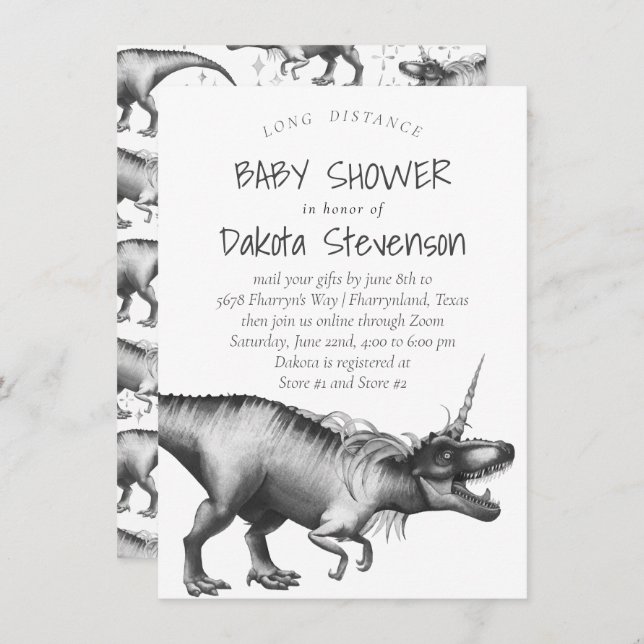 Dinocorn Silver | Niedliche Babydusche mit langer  Einladung (Vorne/Hinten)